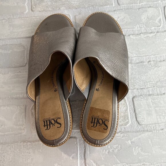 Sofft Slides Slip On Sandals Womens‎ 10 Metallic Pewter Low Wood Heel Open Toe - Picture 4 of 11